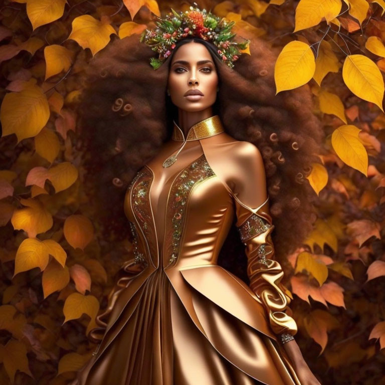 Woman in floral headpiece and gold gown among autumn leaves