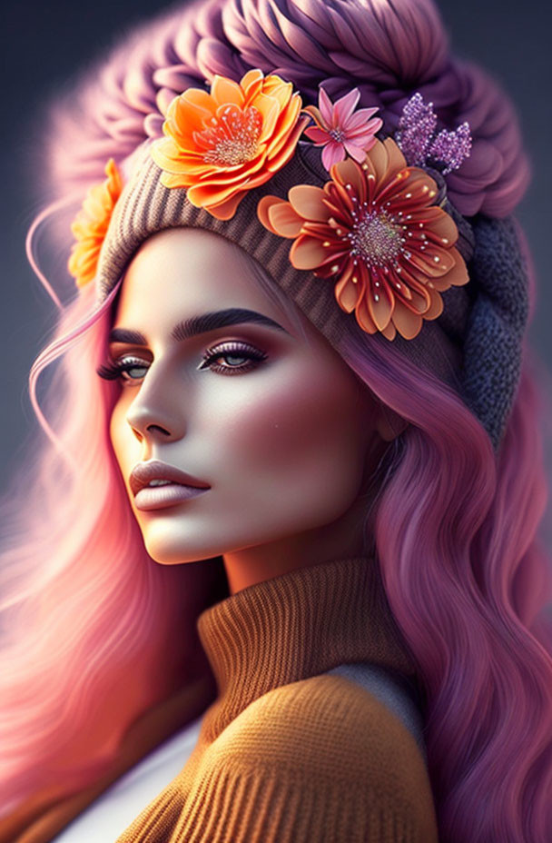 Vibrant digital artwork of a woman with pink hair and floral knitted hat