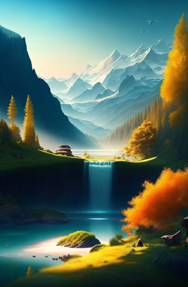 Tranquil landscape with waterfall, autumn trees, lake, and mountains