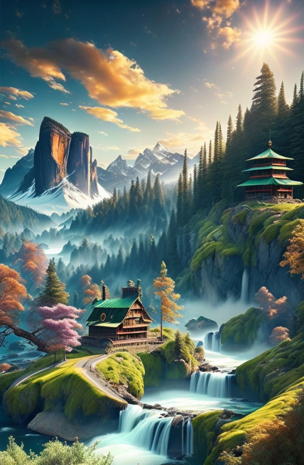 Scenic landscape: pagoda, waterfalls, cliffs, forests, cherry blossoms