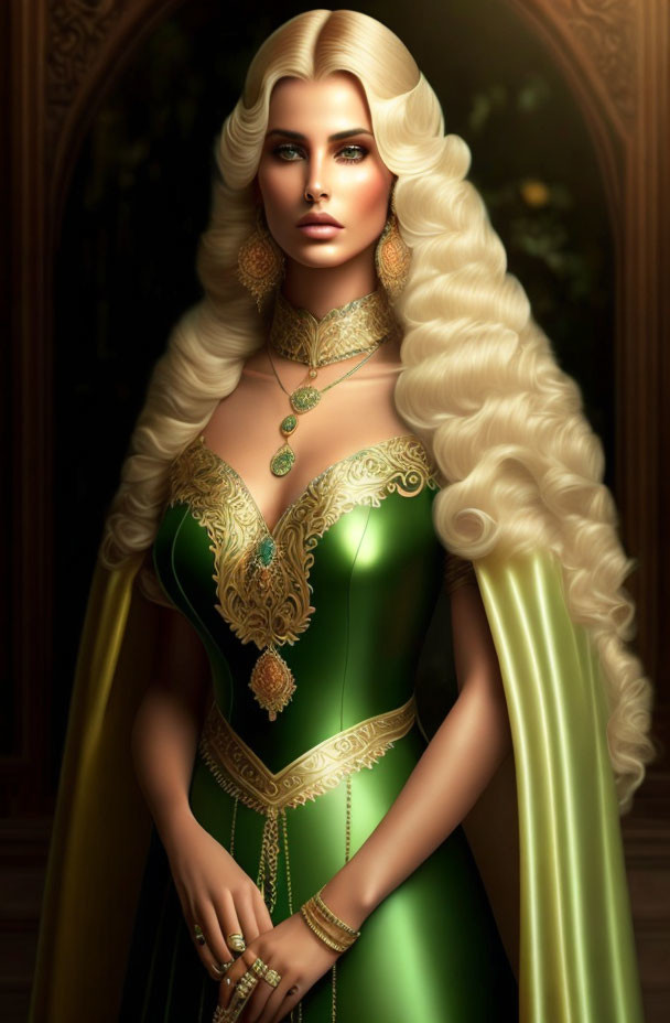 Blonde woman in elegant green gown with gold details