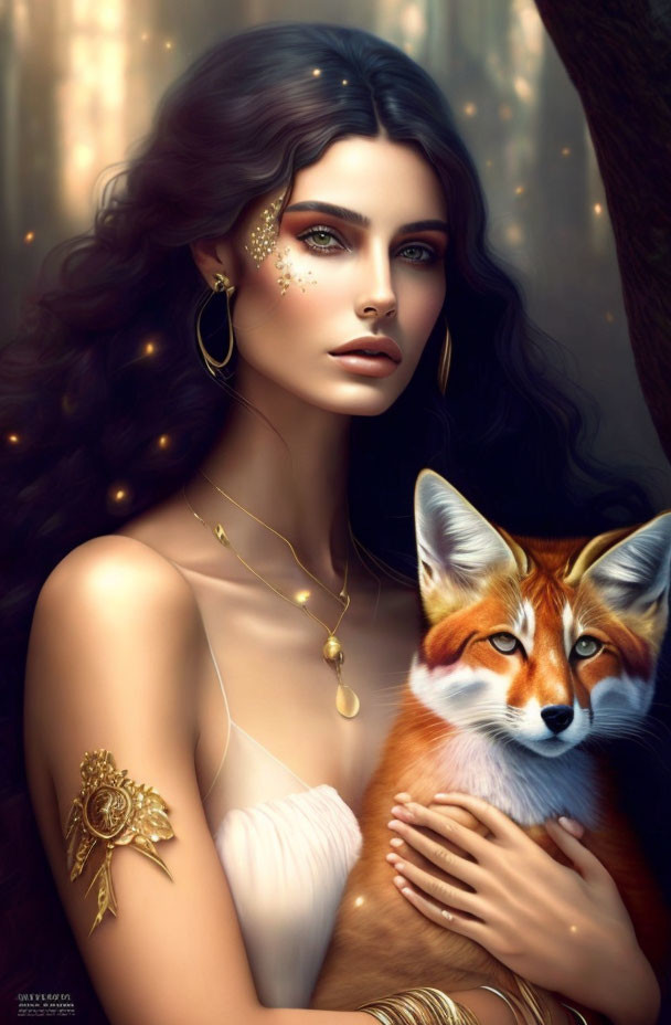 Dark-haired woman with fantasy makeup holding a fox in digital art portrait