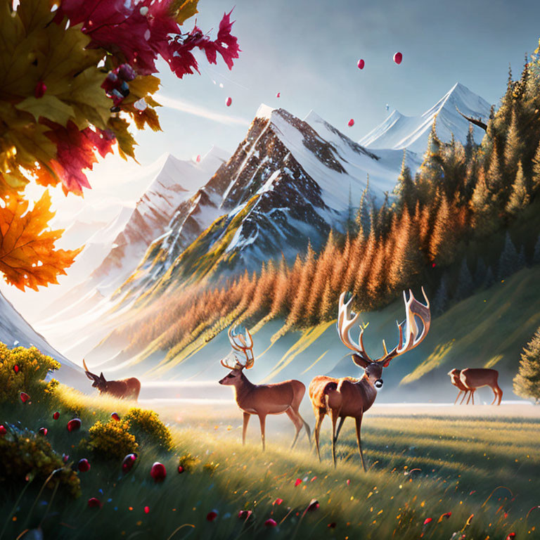 Majestic deer in vibrant valley with snowy peaks and colorful leaves