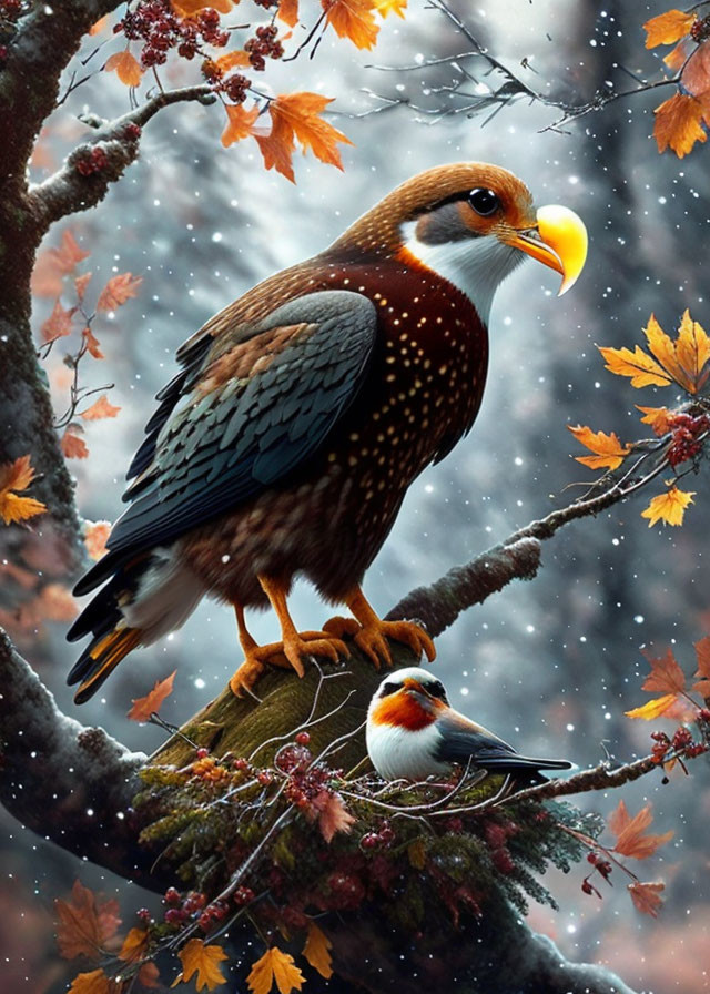 Majestic eagle perched on tree stump with small bird in snowfall