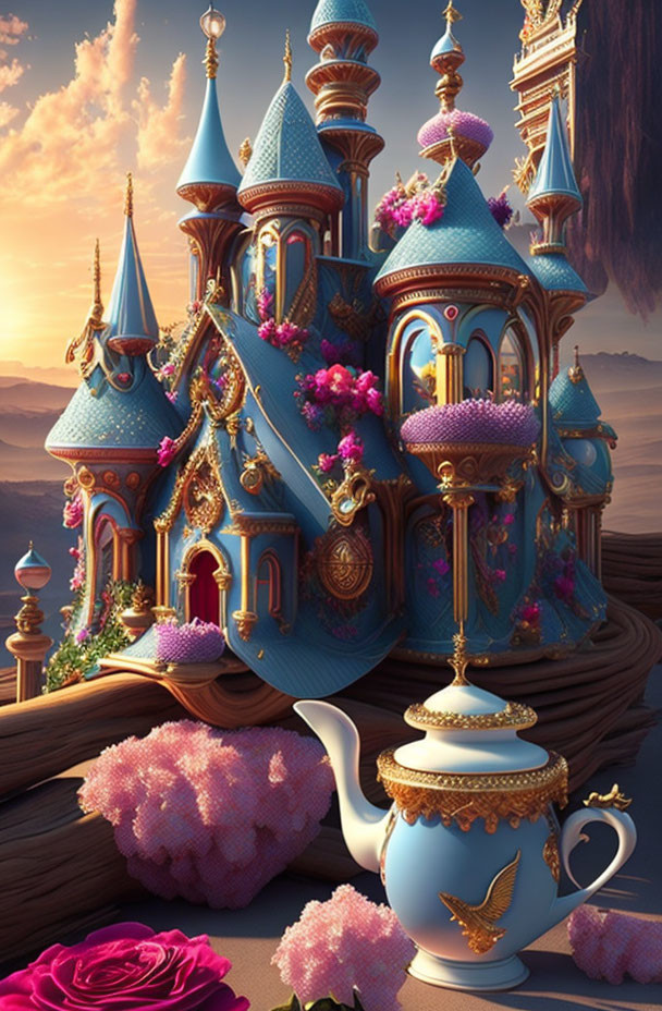 Fantastical castle with blue towers and pink floral details emerging from teapot against mountainous backdrop