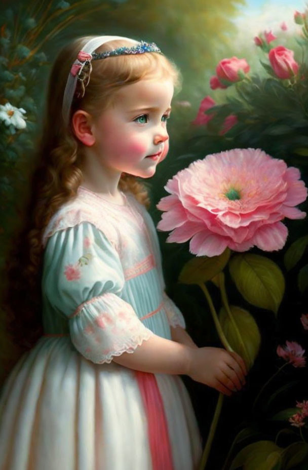 Curly-Haired Girl in Pastel Dress with Pink Flower in Garden