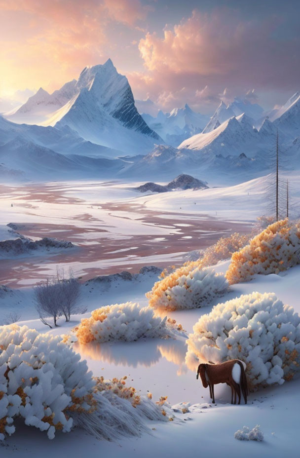 Winter landscape with lone horse by icy lake and snowy mountains