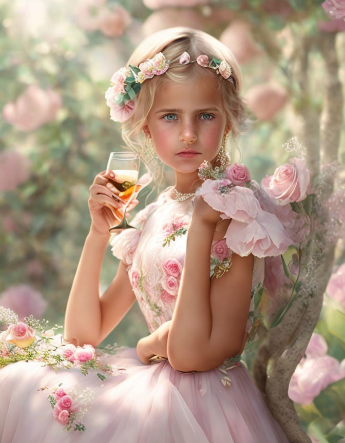 Young girl in pink floral dress holding glass among blossoming trees