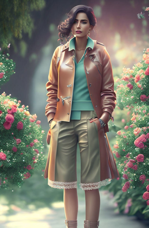 Stylish woman in brown jacket and green shorts among pink flowers