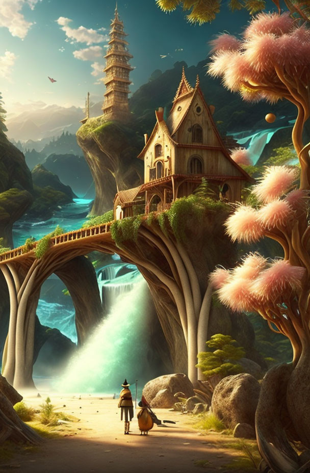 Backpack traveler at arched tree bridge in lush, fantastical landscape