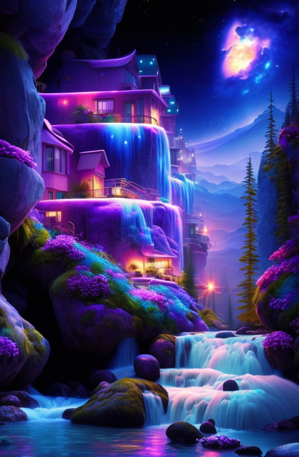 Fantasy landscape with neon-lit house and waterfall under starry sky