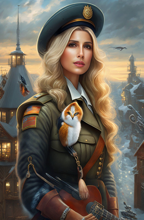 Digital artwork: Woman in military uniform with fox on shoulder in steampunk cityscape.