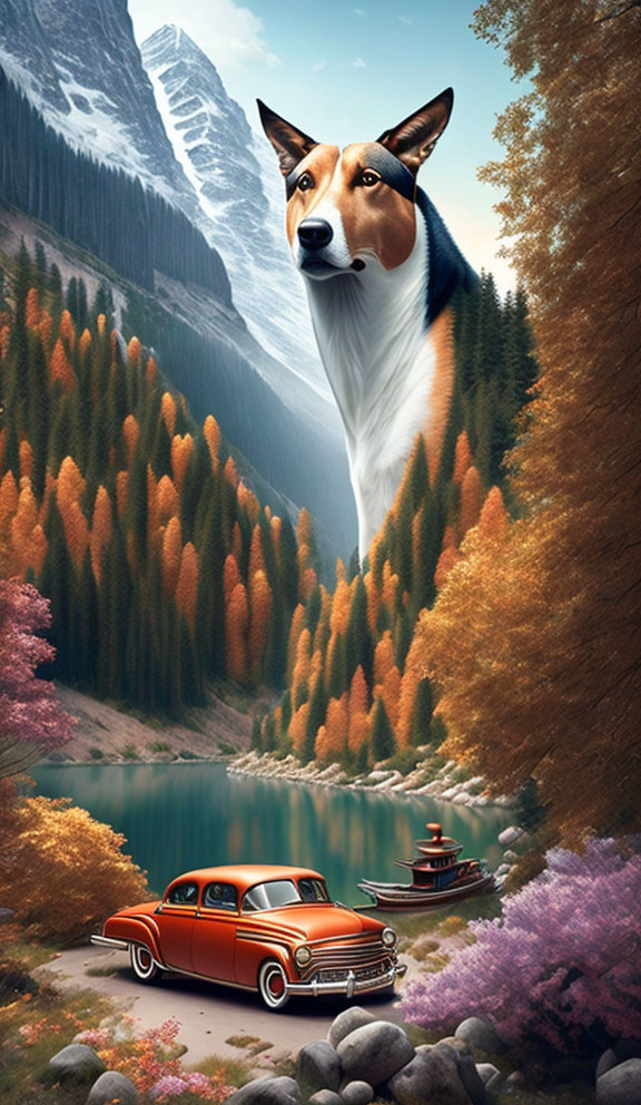 Surreal landscape with oversized dog's head, classic car, lake, autumn trees, mountains