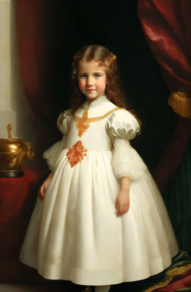 Young girl in white dress with red flower corsage and pearl necklace beside crimson curtain