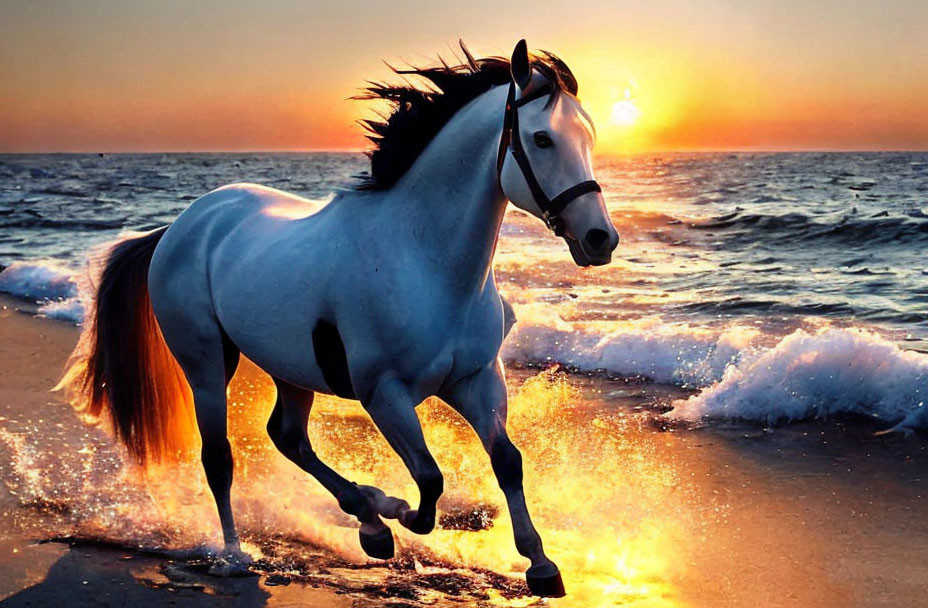 White horse galloping on beach at sunset with crashing waves and warm sun hues