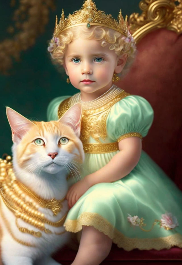 Young child with curly hair in golden crown next to orange and white cat in pearls against royal backdrop