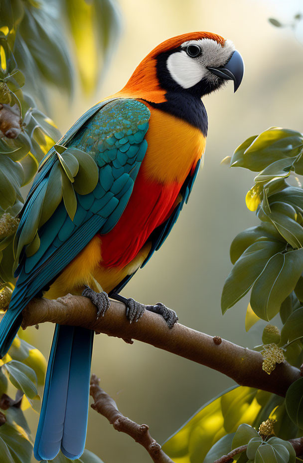 Colorful Parrot on Branch with Orange, Blue, and Yellow Plumage