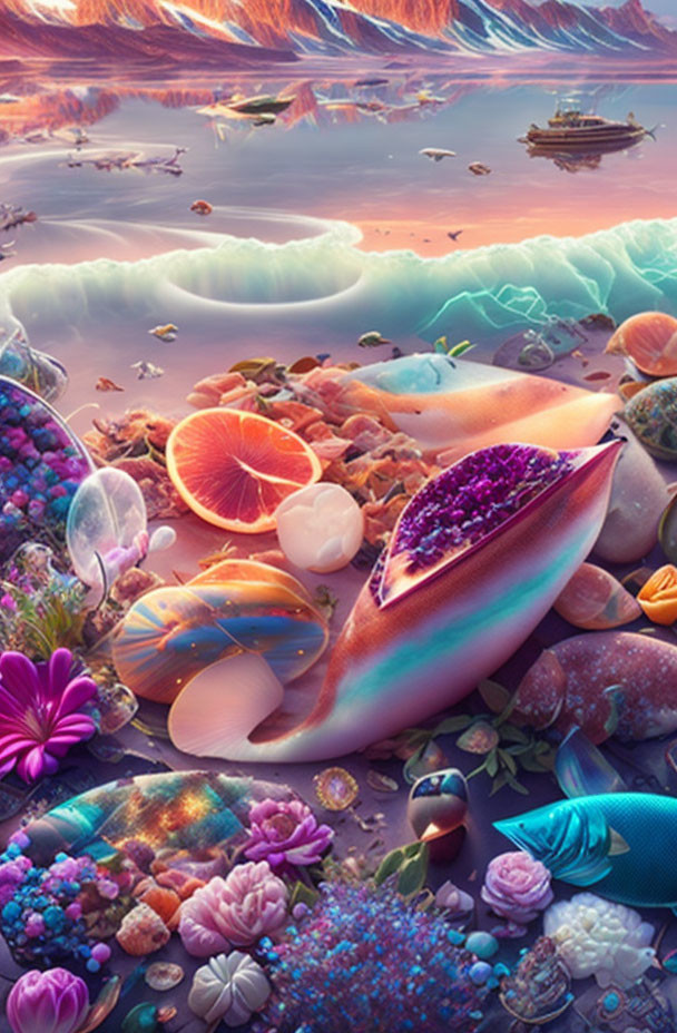 Colorful marine, floral, and crystal landscape with mountains and water