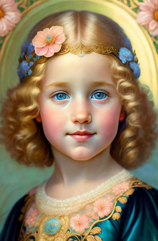 Young girl with curly blonde hair and blue eyes in blue and gold dress.