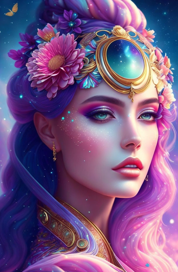 Digital artwork: Woman with purple hair, flowers, crescent moon headpiece, butterfly in vibrant blue