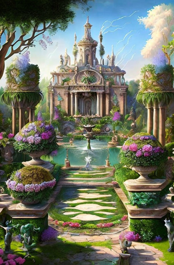 Majestic fountain centerpiece in enchanting garden surrounded by lush greenery, vibrant flowers, and orn