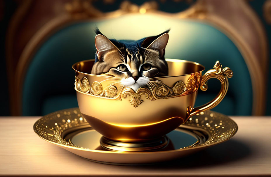 Cat with striking markings in golden teacup on plush blue background