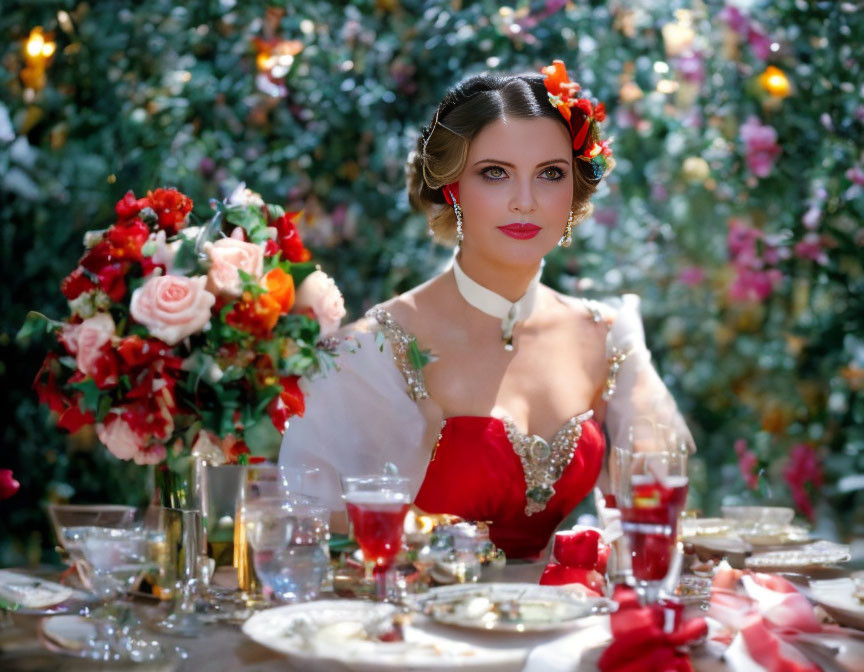 Woman in elegant attire with red accents at floral-decorated table exudes vintage, romantic vibe