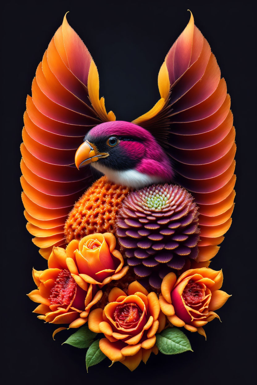 Colorful digital artwork: stylized bird, orange roses, green leaves, black backdrop