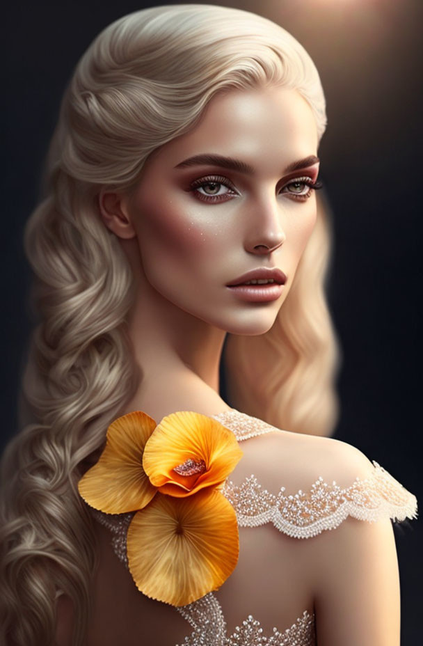 Blonde woman in lace dress with orange flower illustration