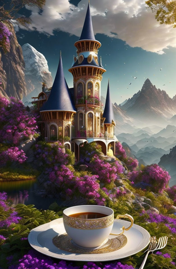 Fairytale castle in purple foliage with mountains and giant teacup