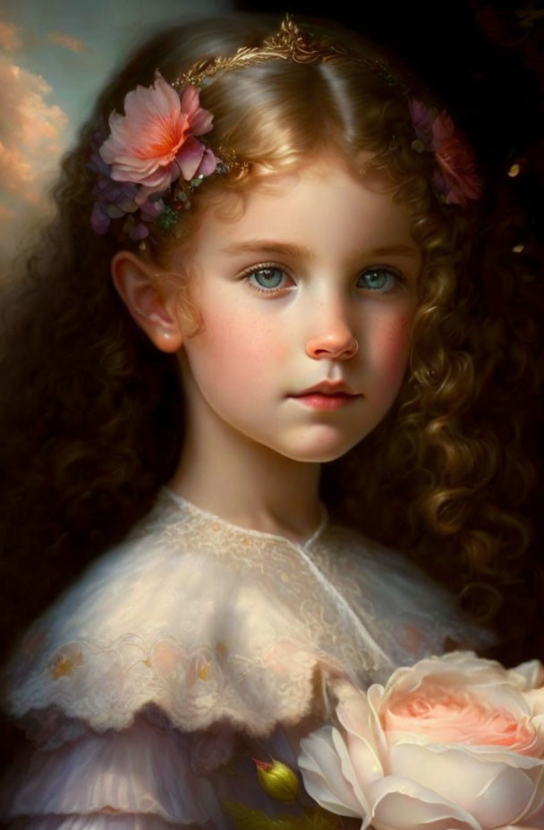 Realistic digital portrait of young girl with curly hair, blue eyes, floral headband, holding pink