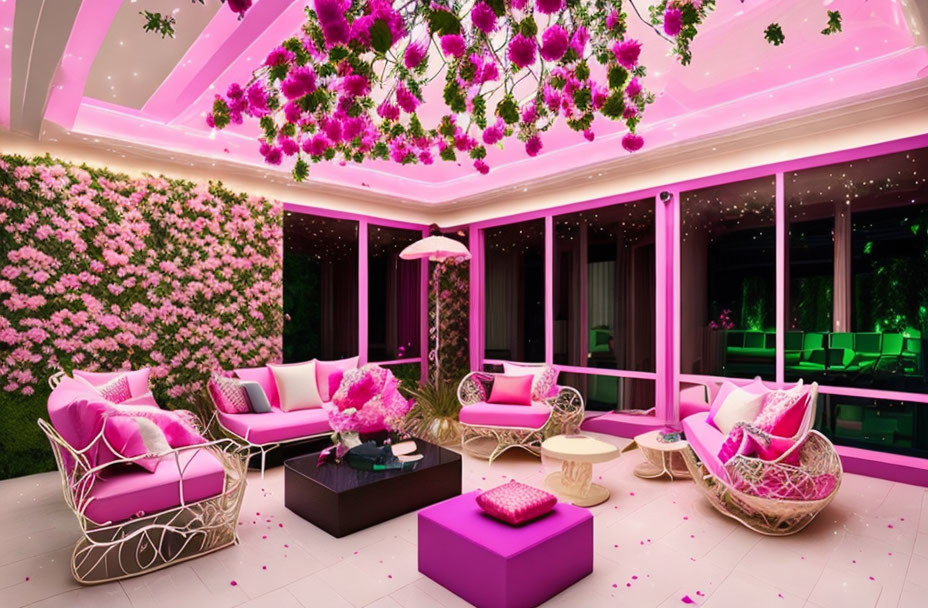 Modern pink-themed room with floral decor and garden view