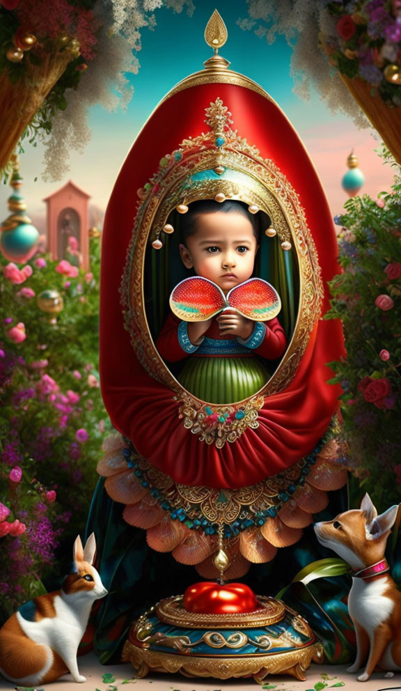 Child inside whimsical matryoshka doll in fairy-tale scene