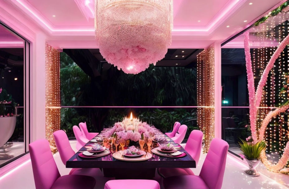 Luxurious Dining Room with Pink Chairs, Dark Table, Floral Centerpiece