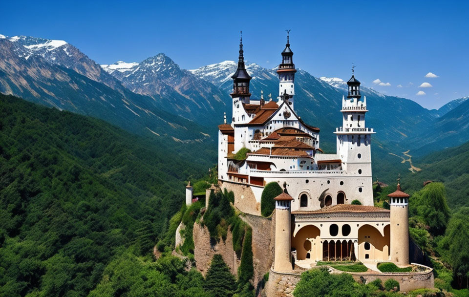 Castle with white walls and red roofs on green hillside with snow-capped mountains and blue sky