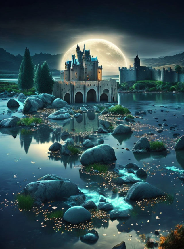 Majestic castle with spires near calm river under moonlit sky