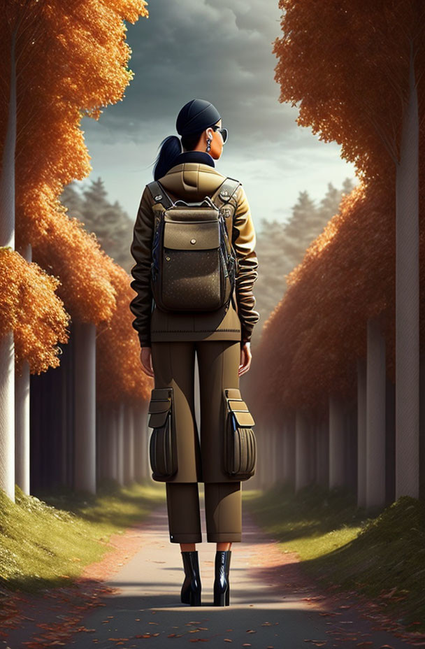 Person with backpack and sunglasses admiring autumn trees on path