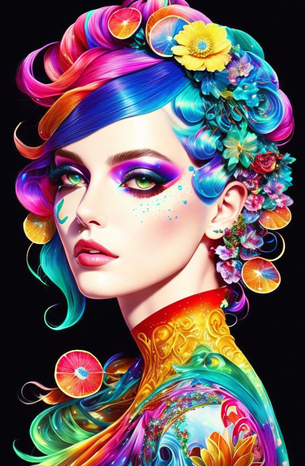 Colorful digital artwork of a woman with rainbow hair and floral outfit