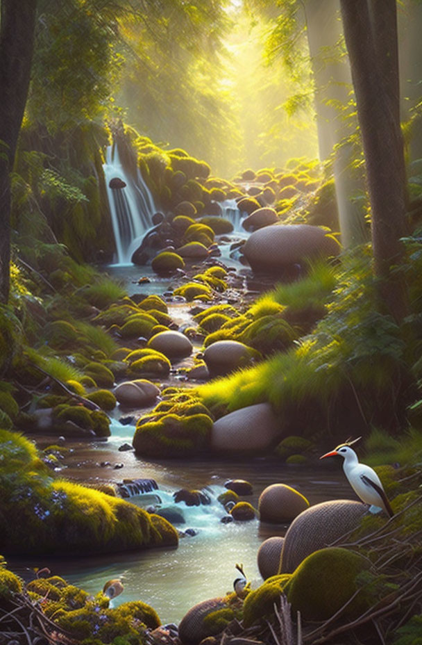 Tranquil river in sunlit forest with moss-covered stones and white bird