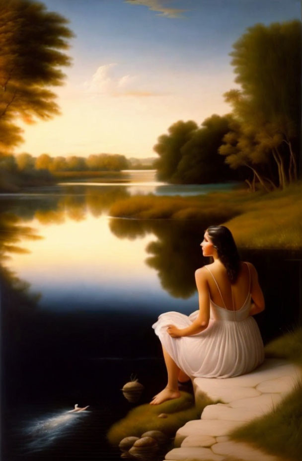 Tranquil painting of woman by river at dusk