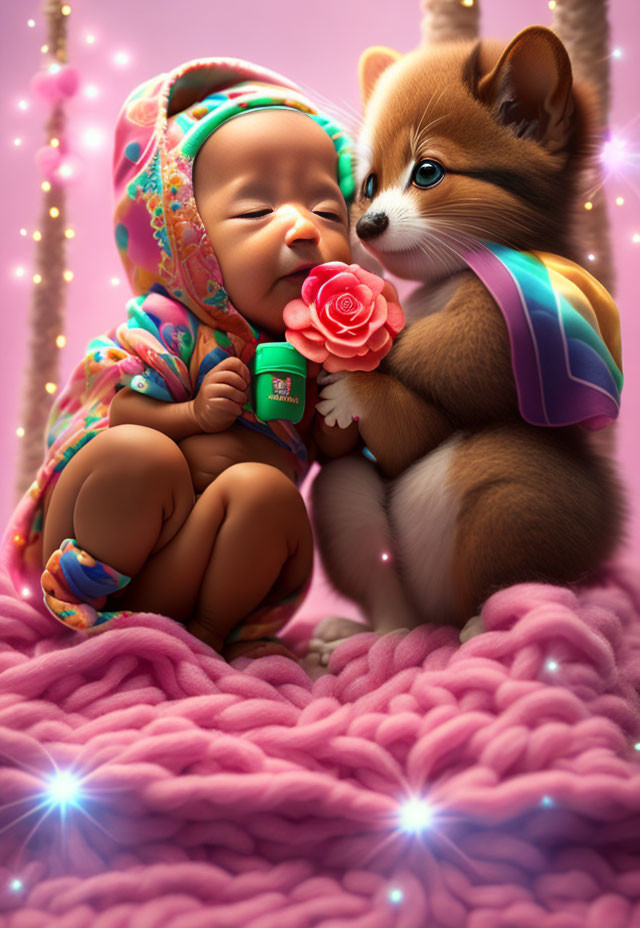 Colorful Doll and Fox with Satchel on Pink Knitted Blanket