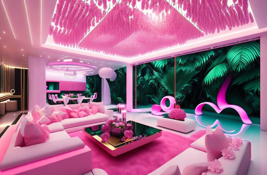 Vibrant pink and green LED-lit modern living room with tropical mural and statement ceiling fixture.