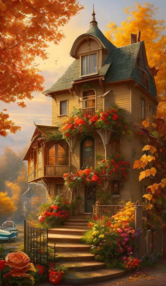 Victorian house with fall flowers and classic car.