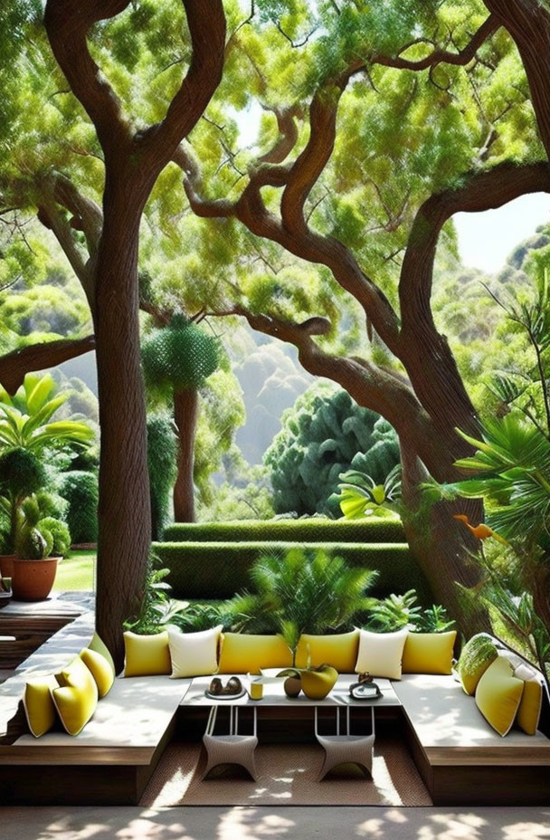 White Sofas and Yellow Cushions in Outdoor Lounge Area