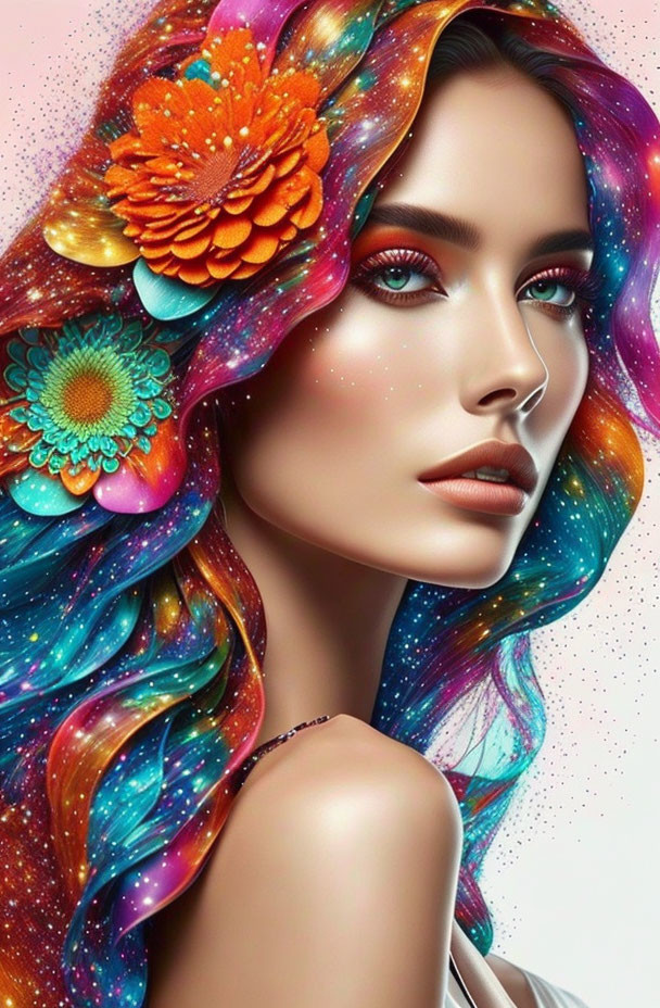 Multicolored galaxy hair with vibrant floral adornments in digital artwork