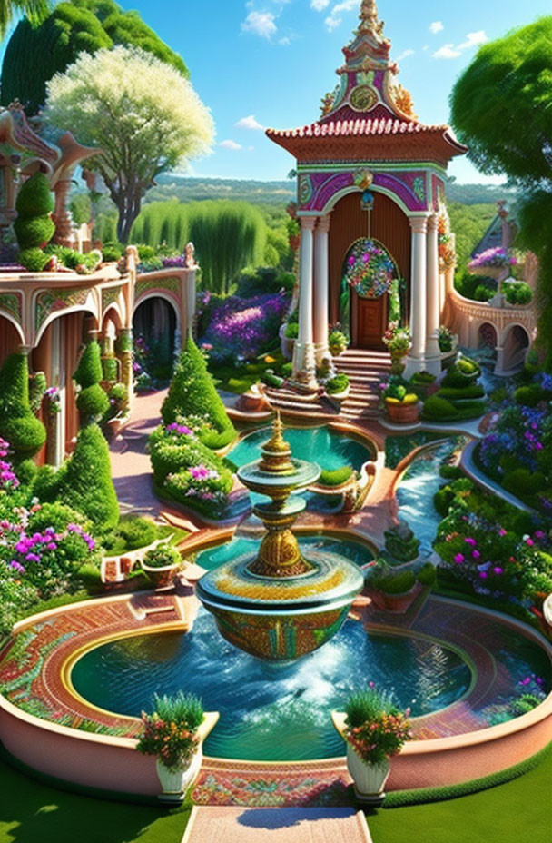 Vibrant garden with tiered fountains and colorful arches