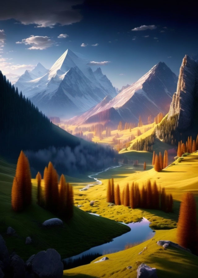 Tranquil valley with winding river, tall trees, and mountains at sunset