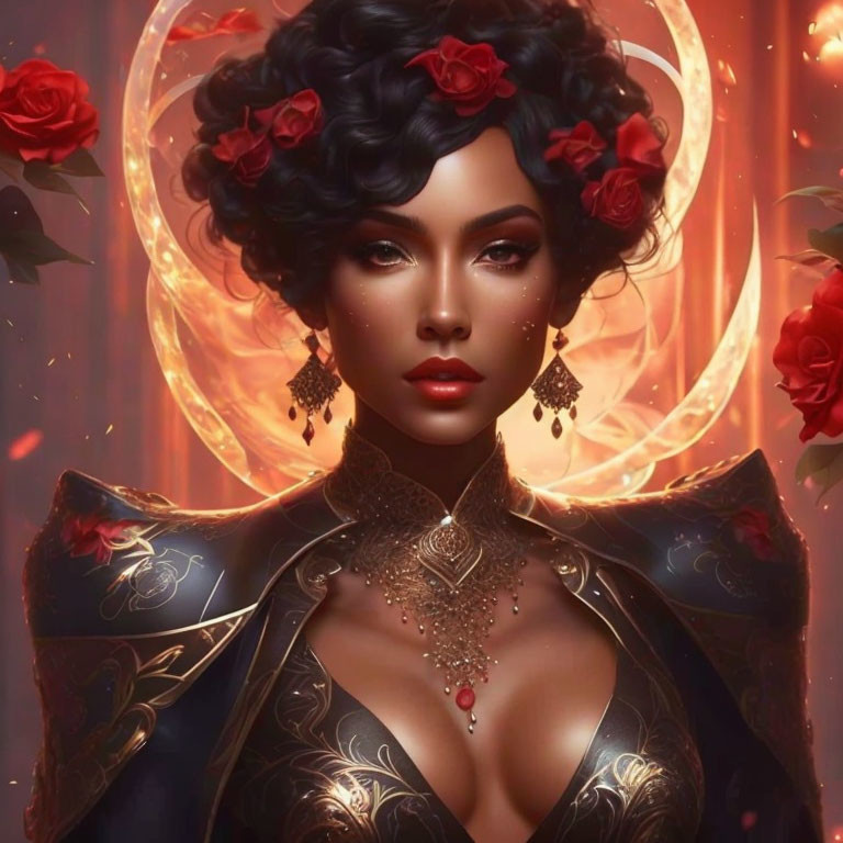 Digital portrait of a woman with dark hair, red roses, golden earrings, and floral backdrop