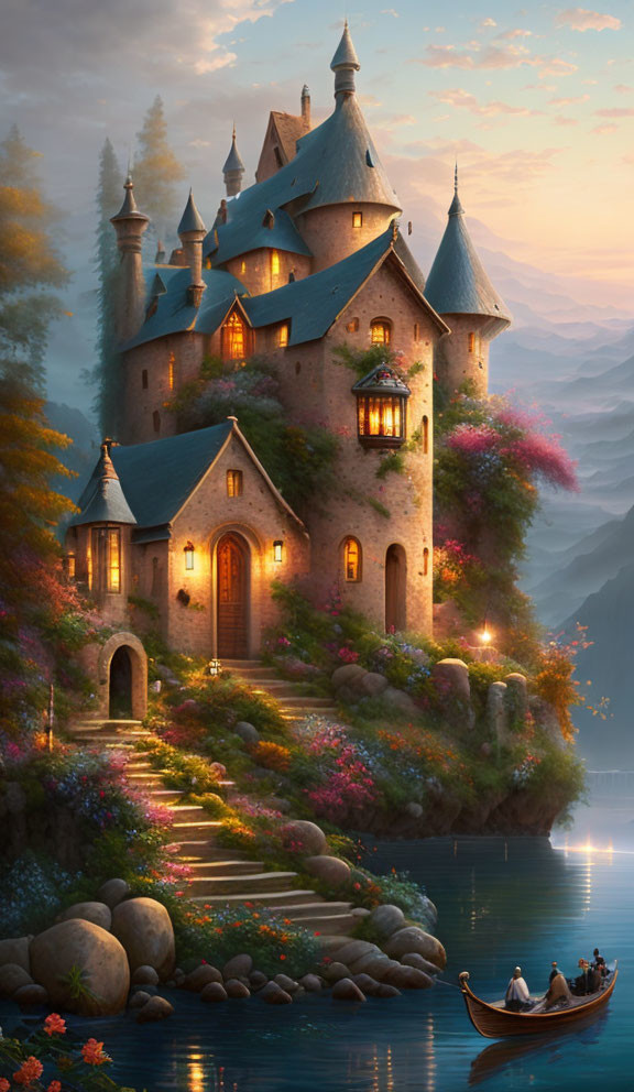 Majestic castle at sunset by a peaceful lake with rowing boat, lush greenery, and