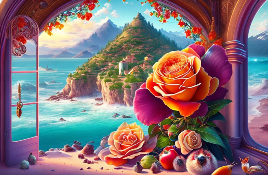 Colorful digital artwork: oversized roses, coastal landscape, mountains through ornate window